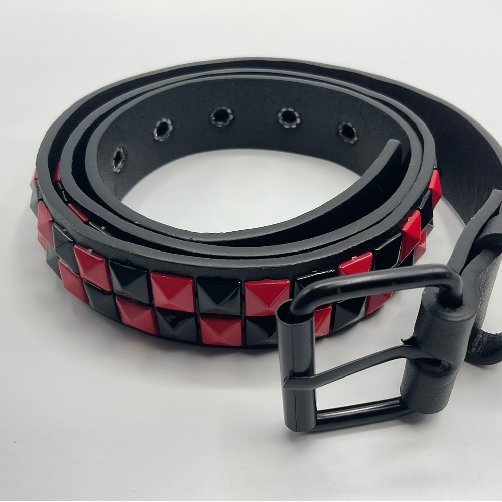 Punk Studded Belt 2 Row Pyramid Emo Stud PU Rock Goth Scene Rivet Black Red Pink - Picture 1 of 11